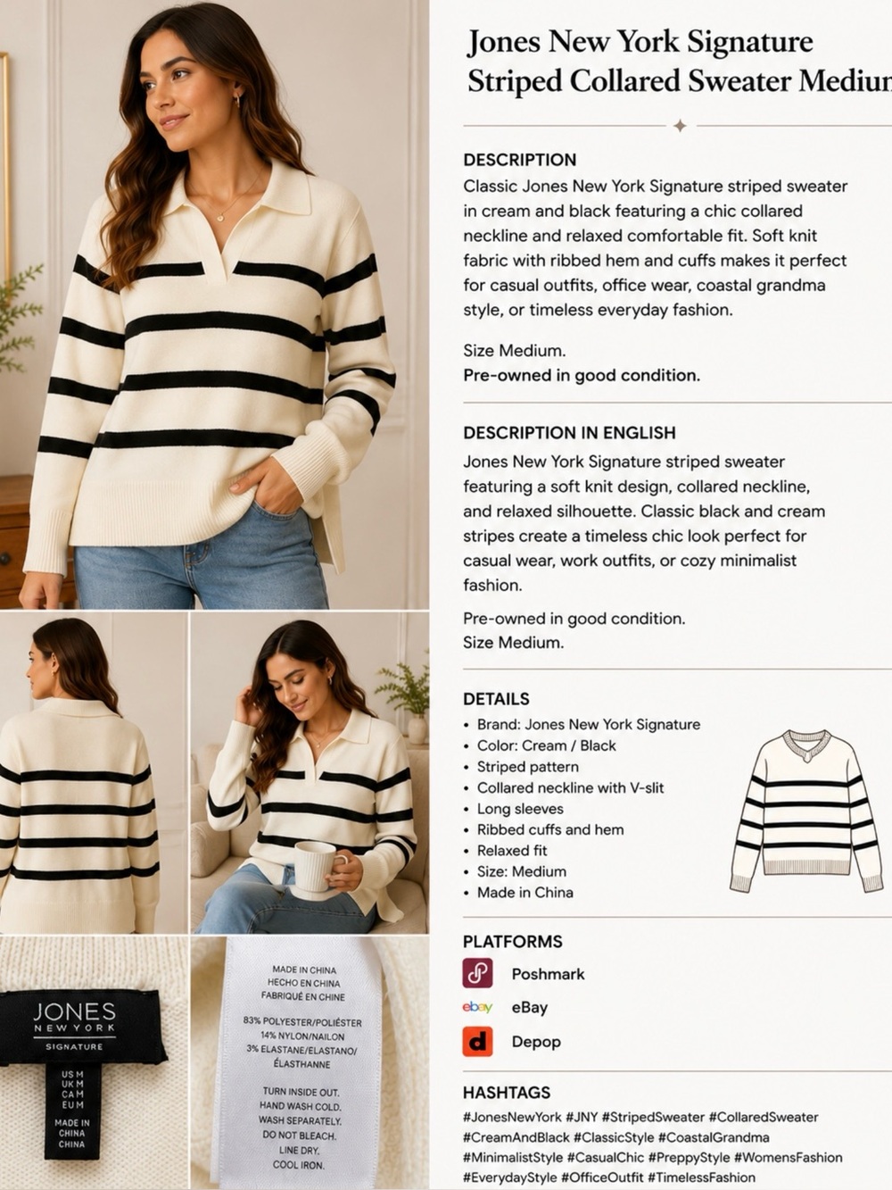 Jones New York Signature Striped Collared Sweater Medium